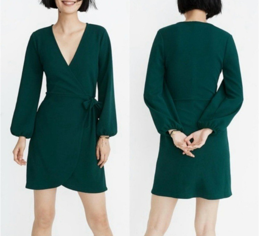 Madewell Faux Wrap Mini Dress Womens Small Green Long Sleeves Side Tie Office